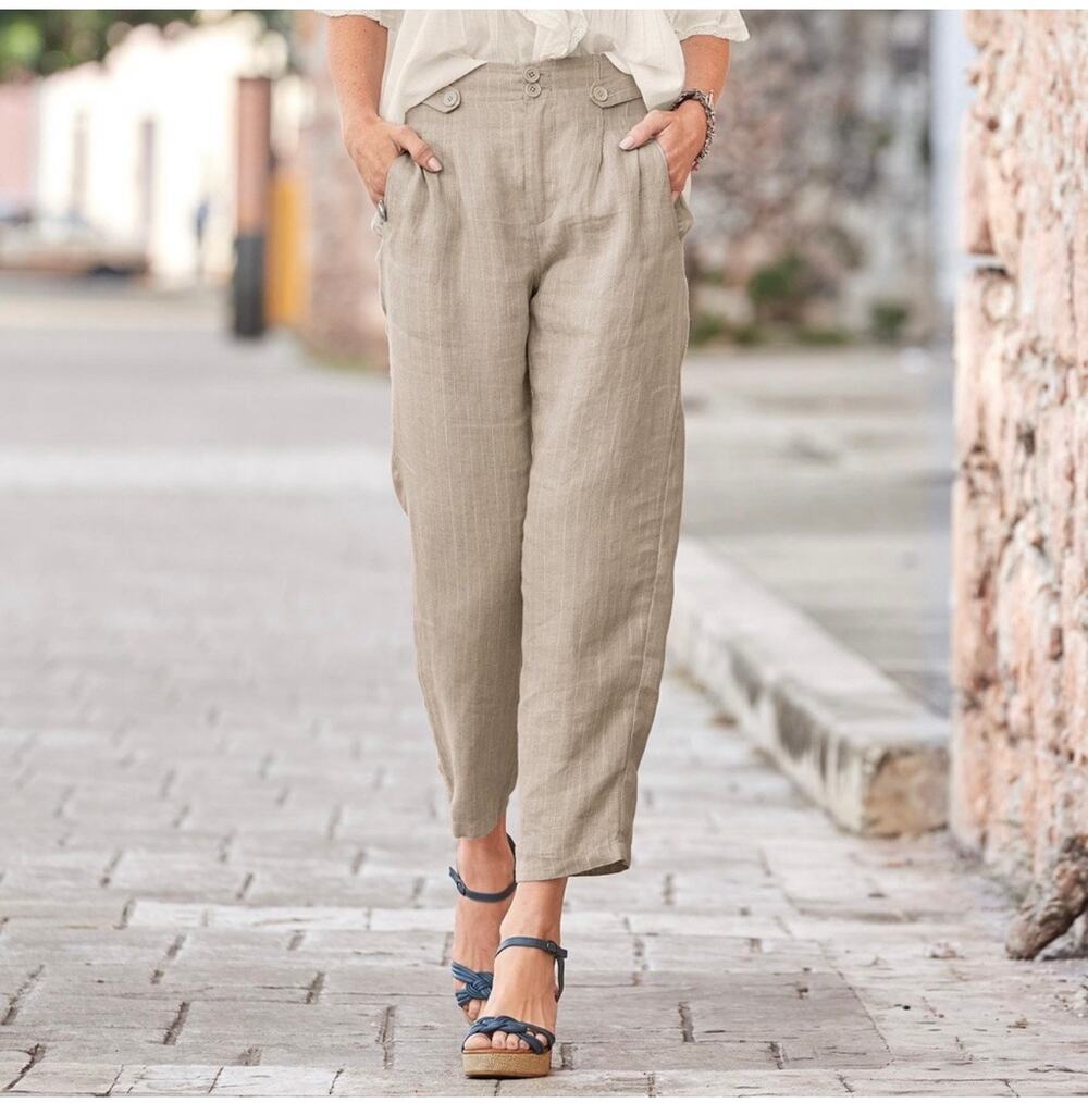 Sundance Pants Womens 14 Cream Amaya Pinstripe Linen Tapered Pleated Menswear